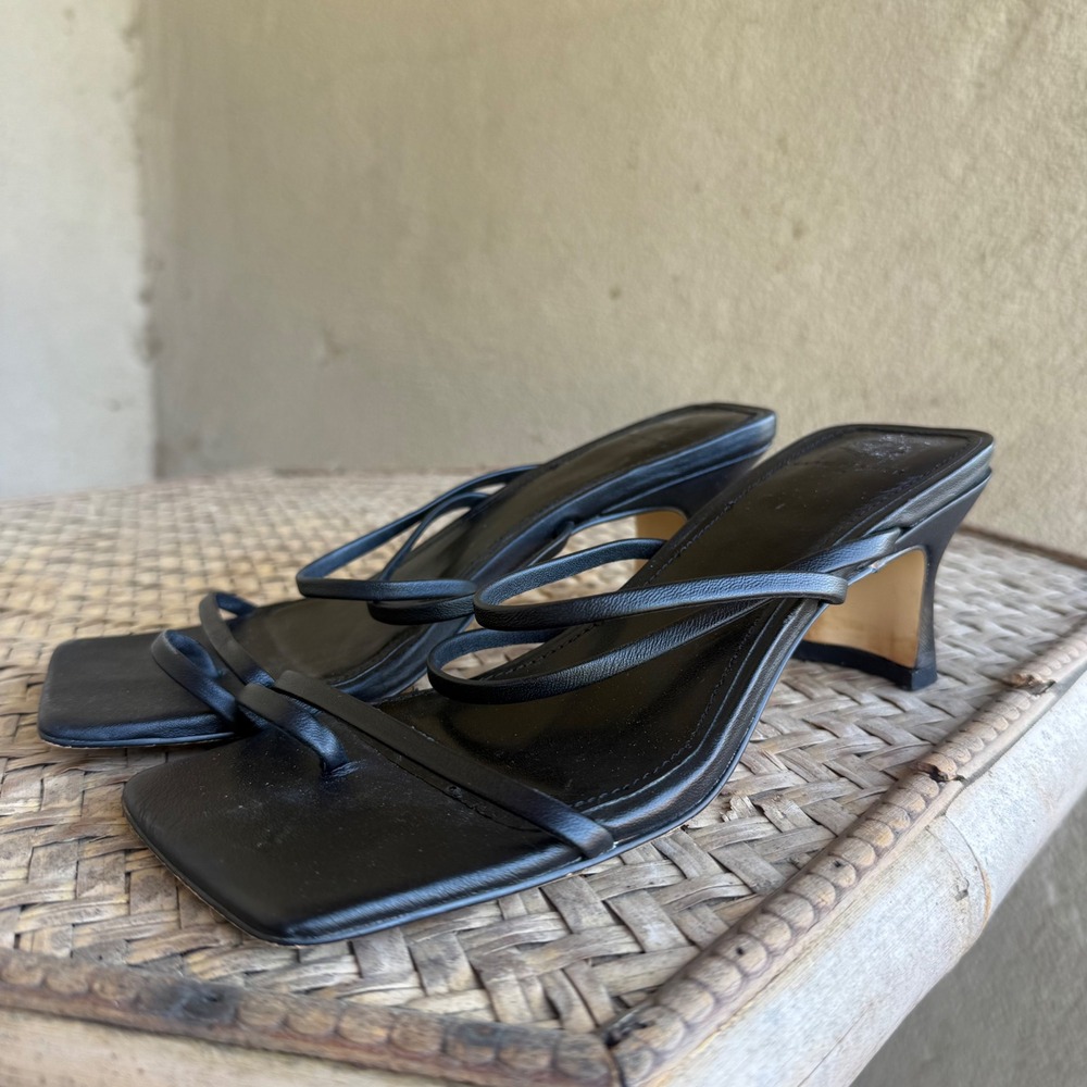 Marc Fisher Kitten Heels Alida Sandal Women 5.5 Black Leather Square Toe Strappy